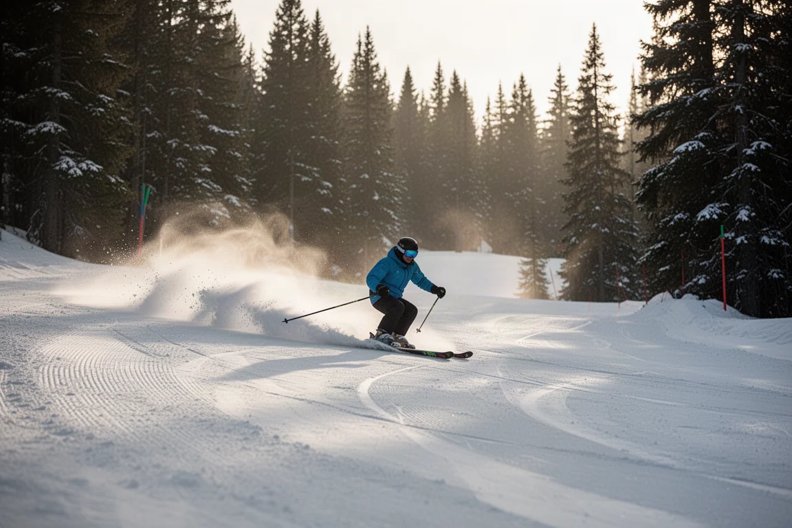 Skier carving a freshly groomed trail with snow spray catching low morning light
