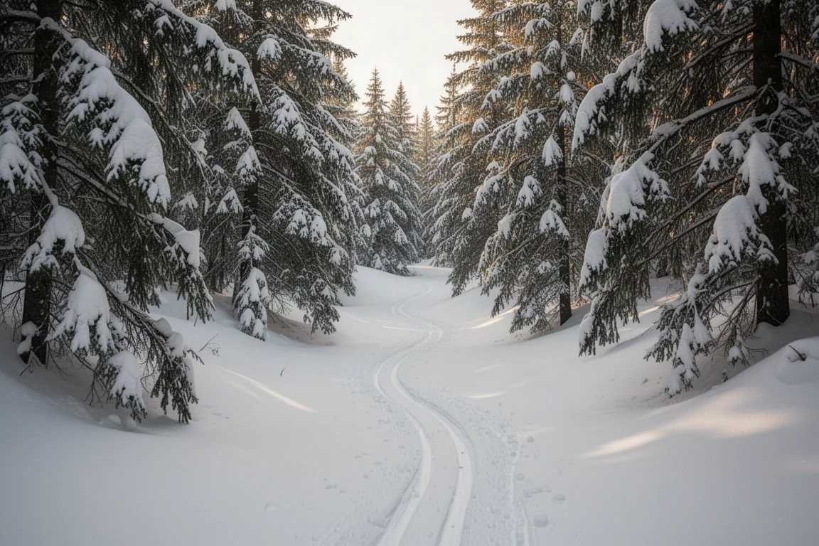 Gladed ski run with untracked snow curving between snow-covered evergreen trees