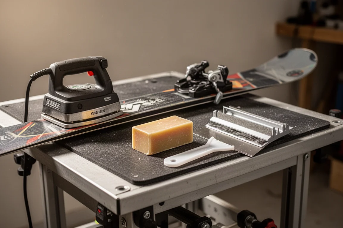 Ski tuning bench with a waxing iron, wax block, scraper and file guide beside a ski base