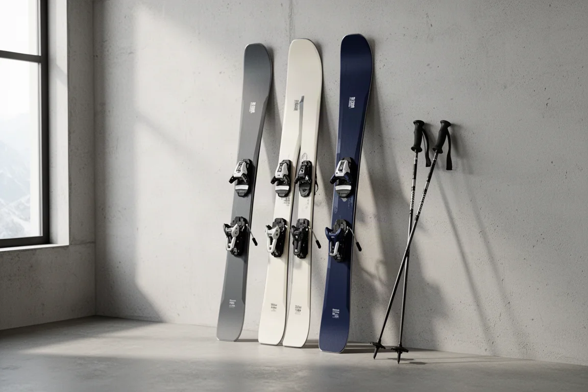 Three pairs of skis with bindings leaning against a pale concrete wall