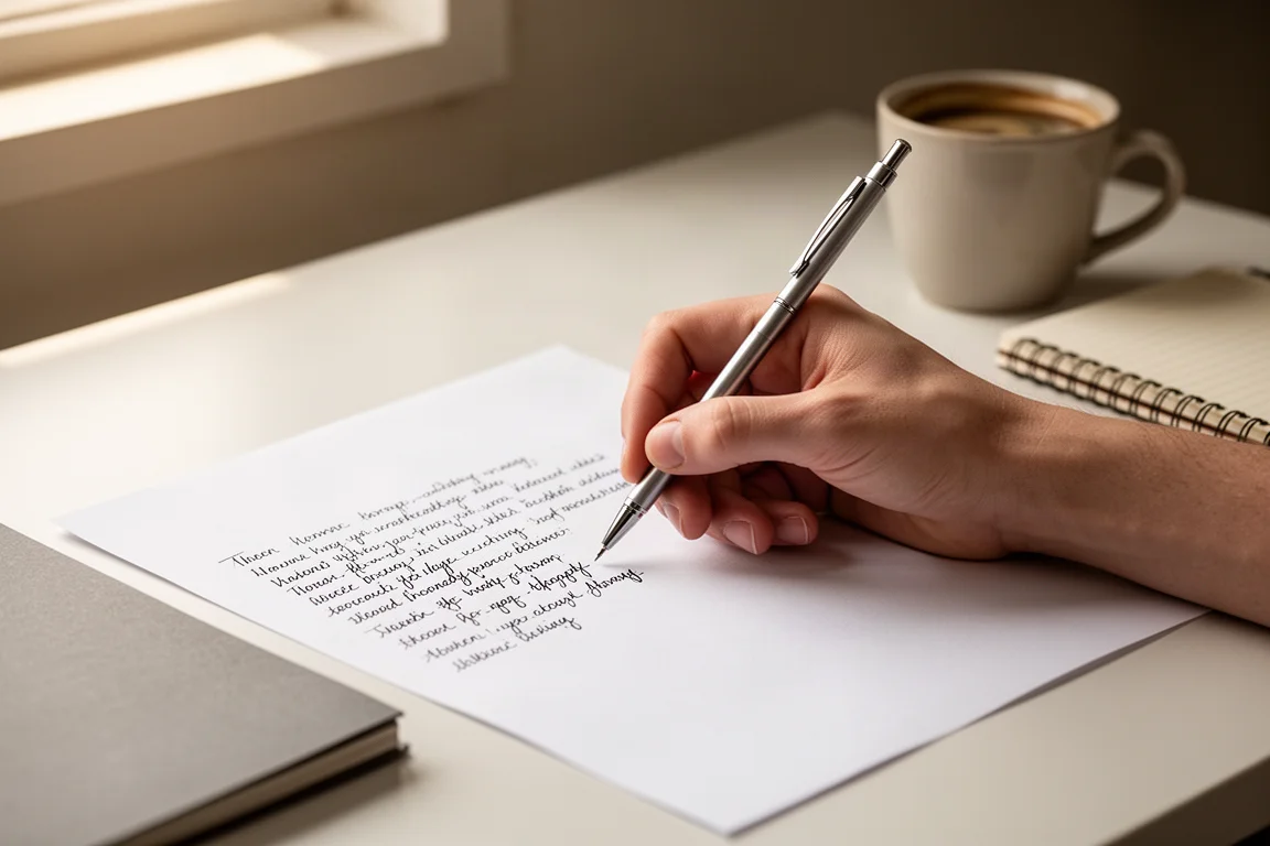 Una mano escribiendo páginas de apuntes con un portaminas delgado en un escritorio ordenado