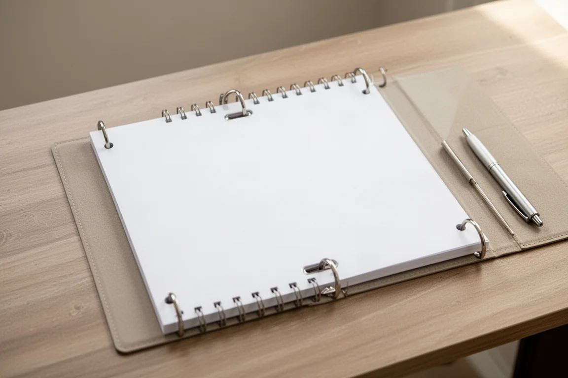Un cuaderno de anillas con anillas superiores e inferiores, abierto sobre un escritorio