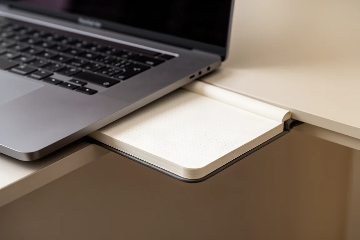 Un cuaderno compacto de medio tamaño colocado junto a un portátil en un espacio de trabajo