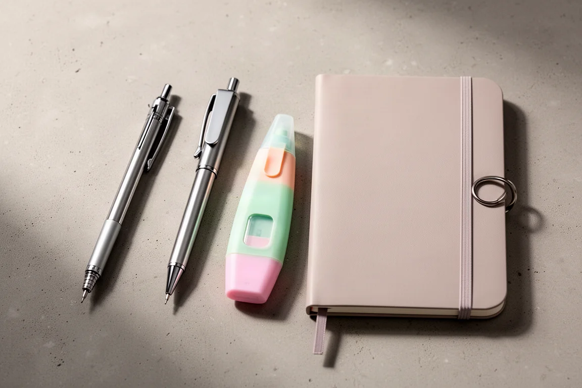 Flat-lay of a mechanical pencil, retractable pen, highlighter, and slim notebook on a concrete desk