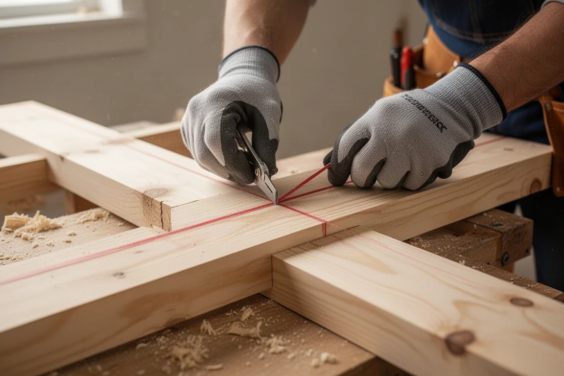 Carpenter snapping a chalk line across framing lumber on a job site