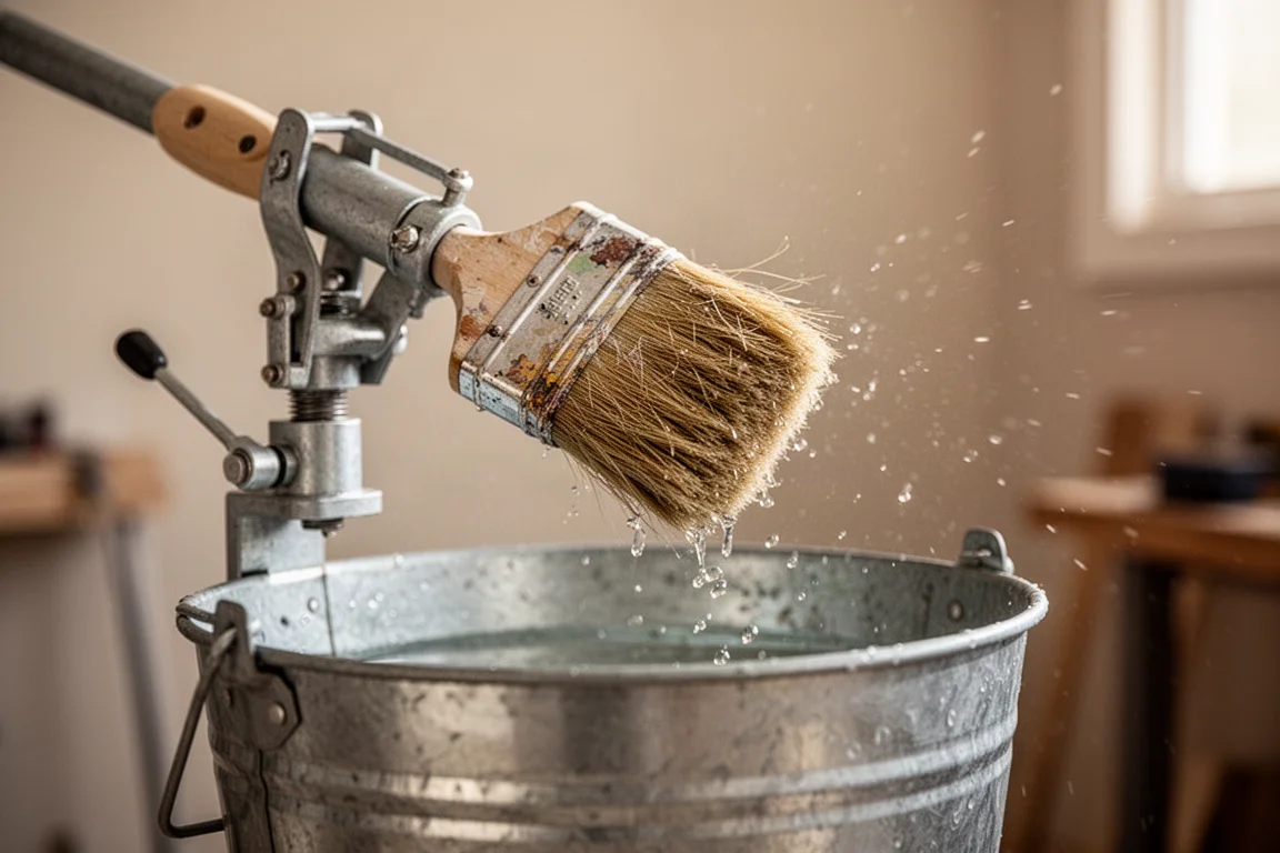 Person cleaning a paintbrush attached to a spinning brush cleaner tool