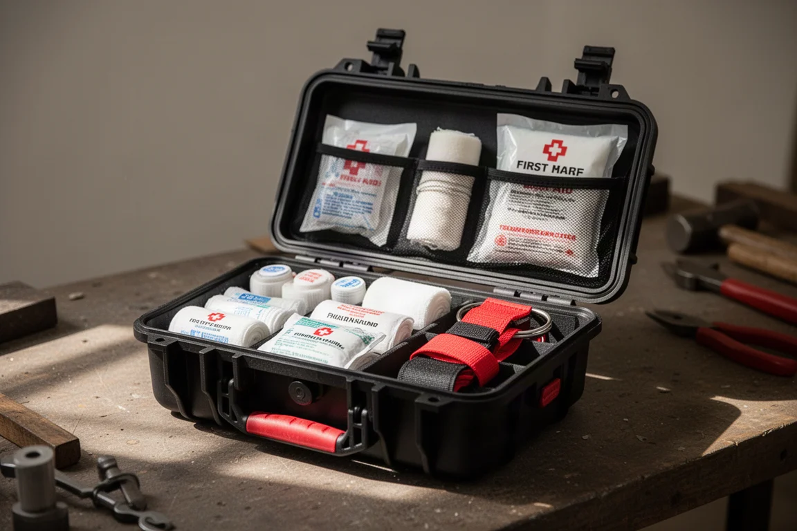 Portable first aid kit case opened on a workbench showing organized supplies
