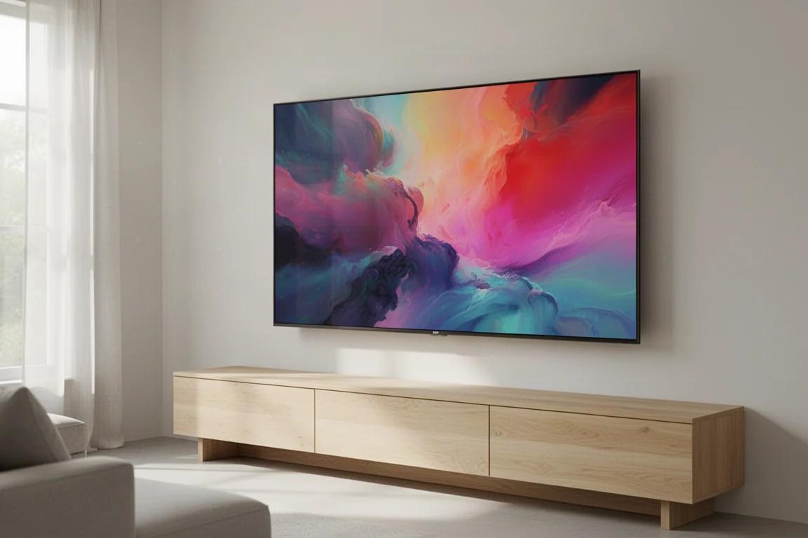 Large flat-screen TV displaying colorful 4K content in a modern living room