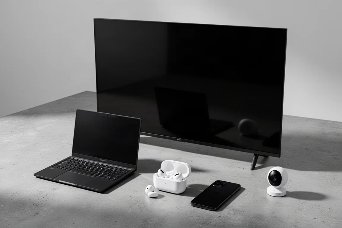 Zestaw elektroniki użytkowej, w tym duży telewizor, laptop, słuchawki douszne, telefon i kamera bezpieczeństwa
