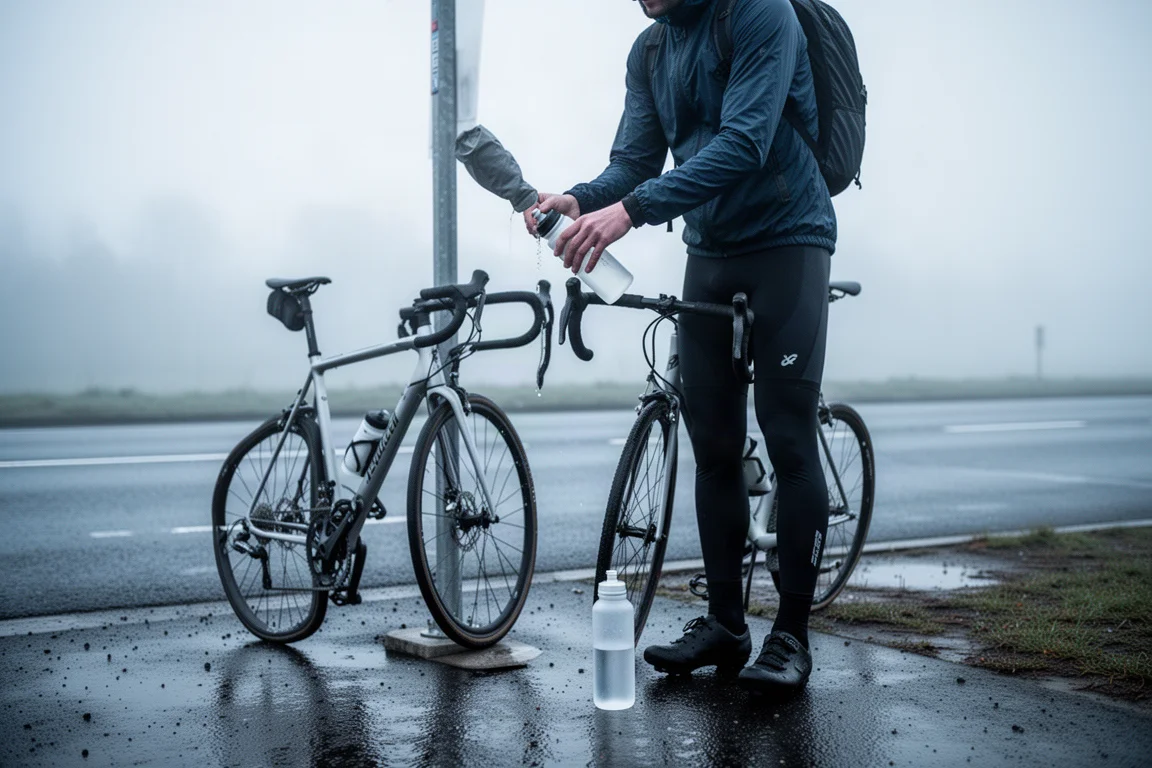 Radfahrer füllt an einem Straßenrandstopp an einem kühlen, nebligen Morgen eine Flasche nach