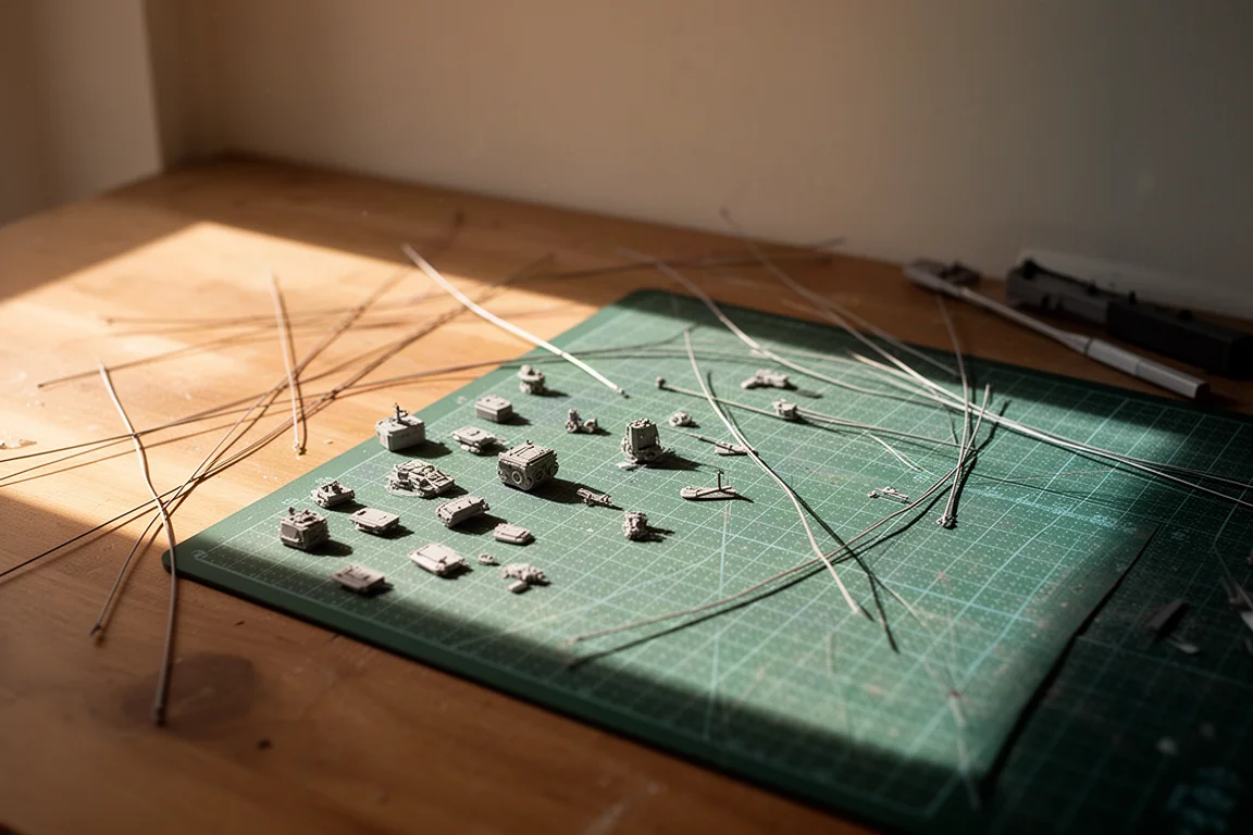 Mesa de trabajo de un maquetista con piezas en miniatura y un taladro manual pequeño