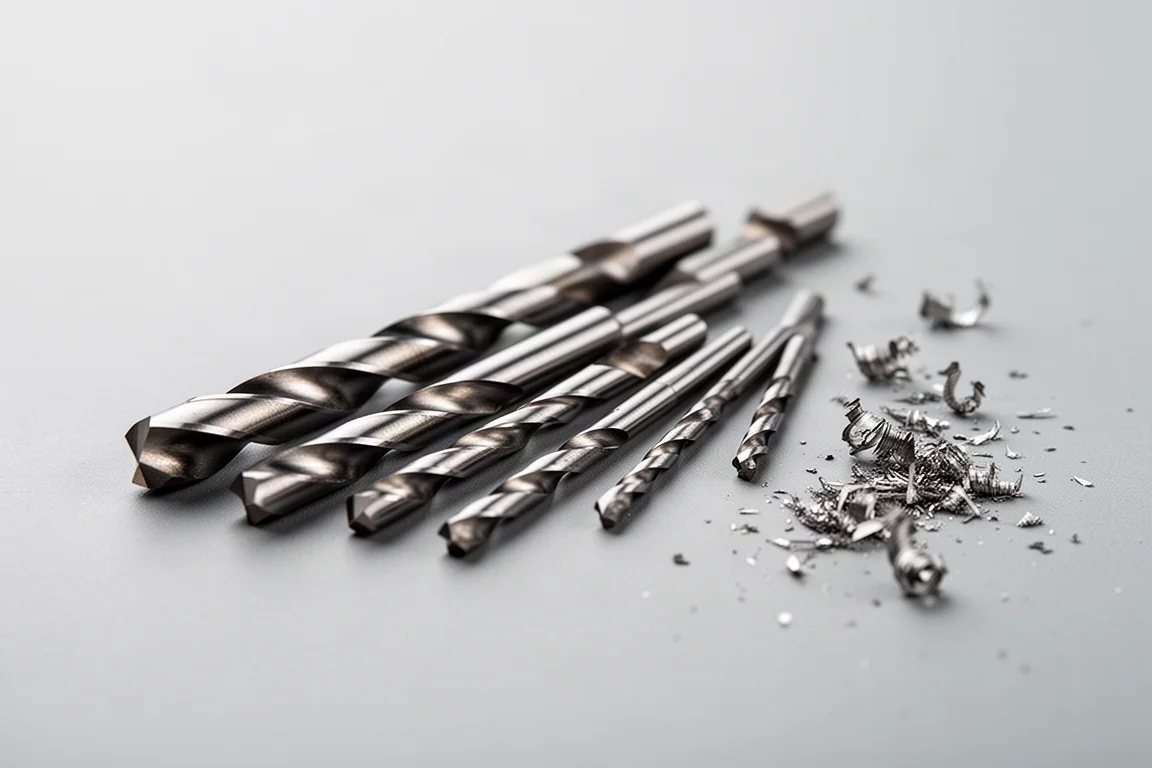 Brocas de taladro extremadamente pequeñas dispuestas sobre una superficie plana con marcas de tamaño