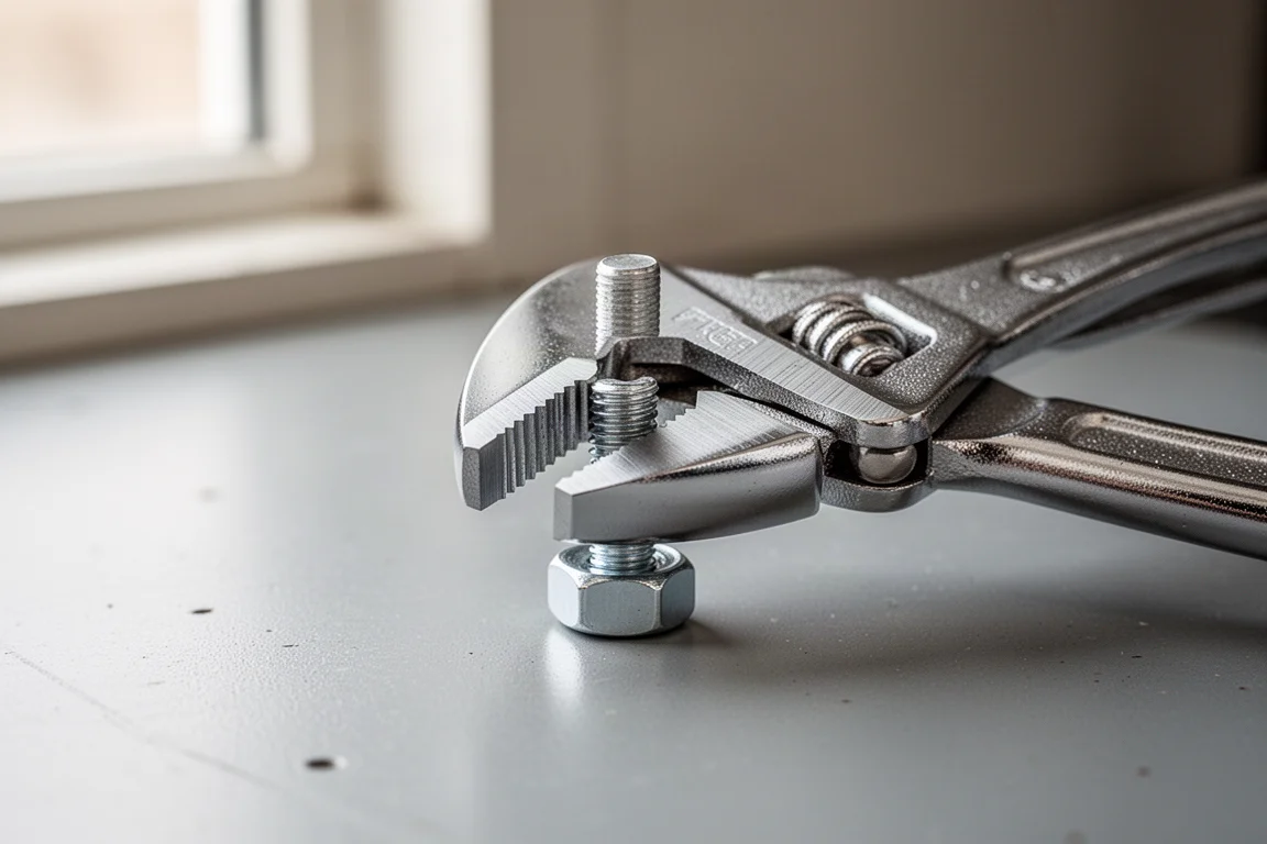 Small chrome plier wrench clamped onto a bolt head on a workbench