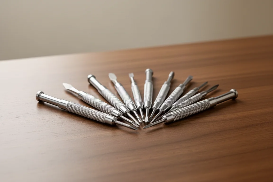 Set of small precision screwdrivers fanned out on a wooden desk