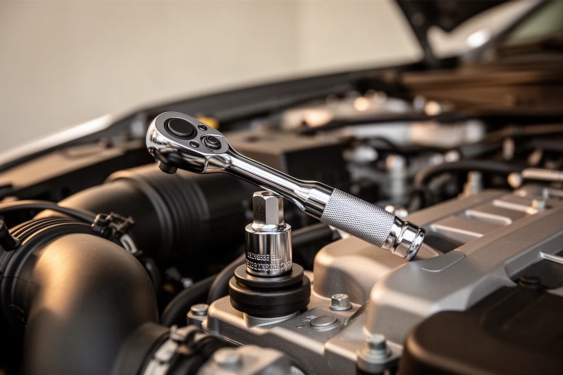 Compact ratchet spinning a socket on a car engine component