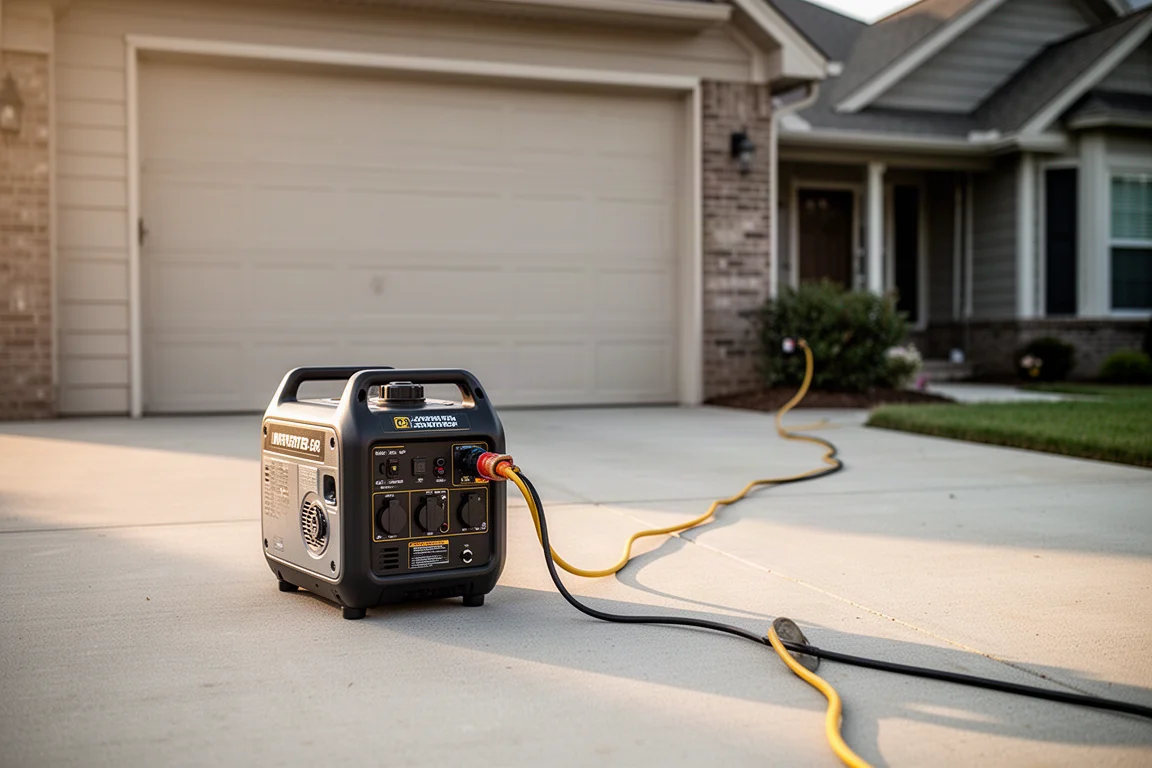 Generador inverter portátil funcionando al aire libre en una entrada con un cable alargador cerca