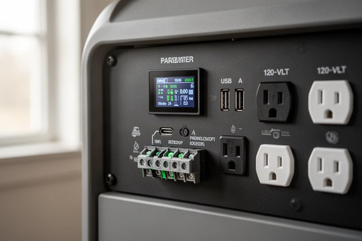 Primer plano del panel de control de un generador con puertos USB y pantalla digital