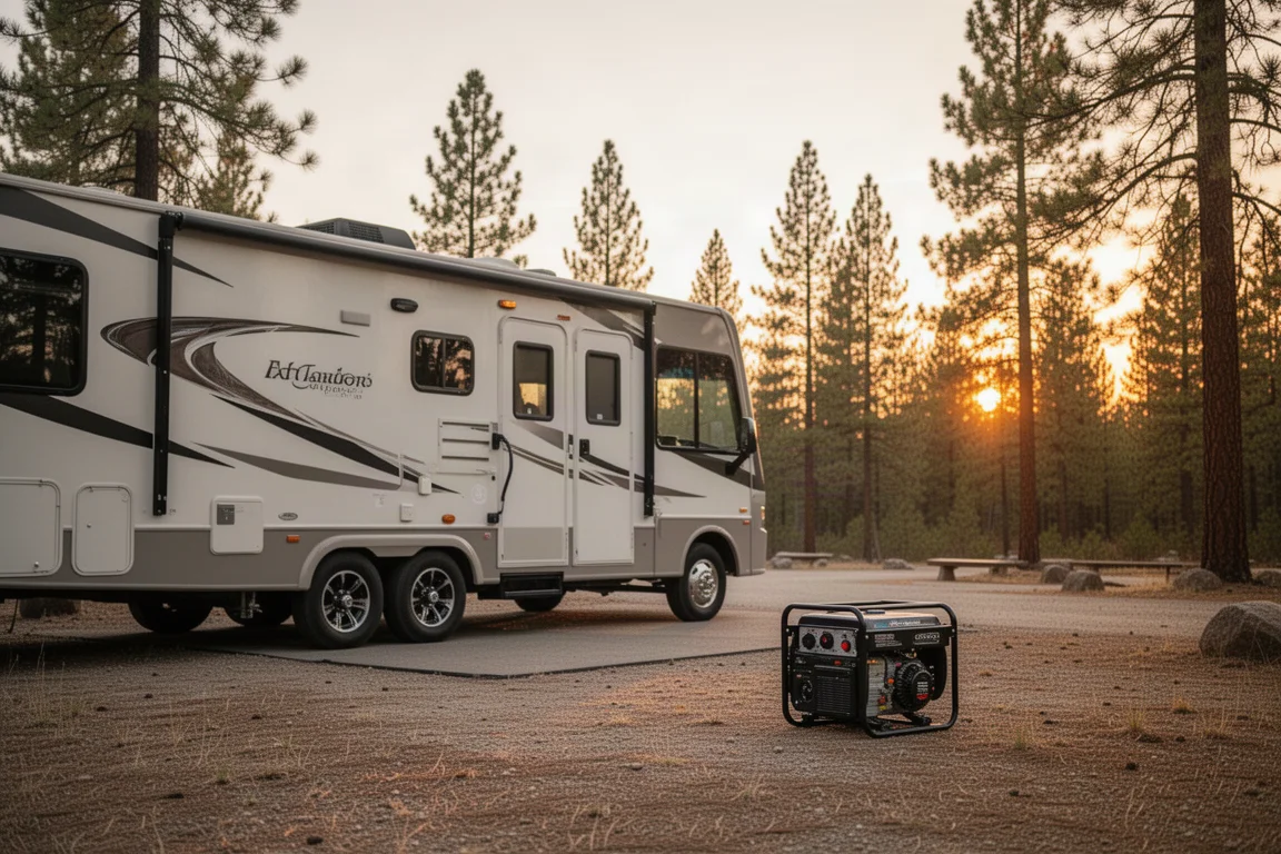 Autocaravana aparcada en un camping con un pequeño generador situado a poca distancia