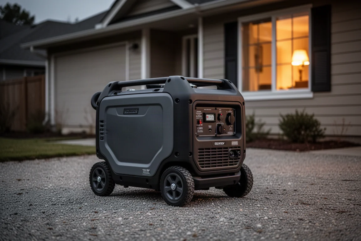 Large fully enclosed inverter generator parked beside a home exterior during an evening power outage