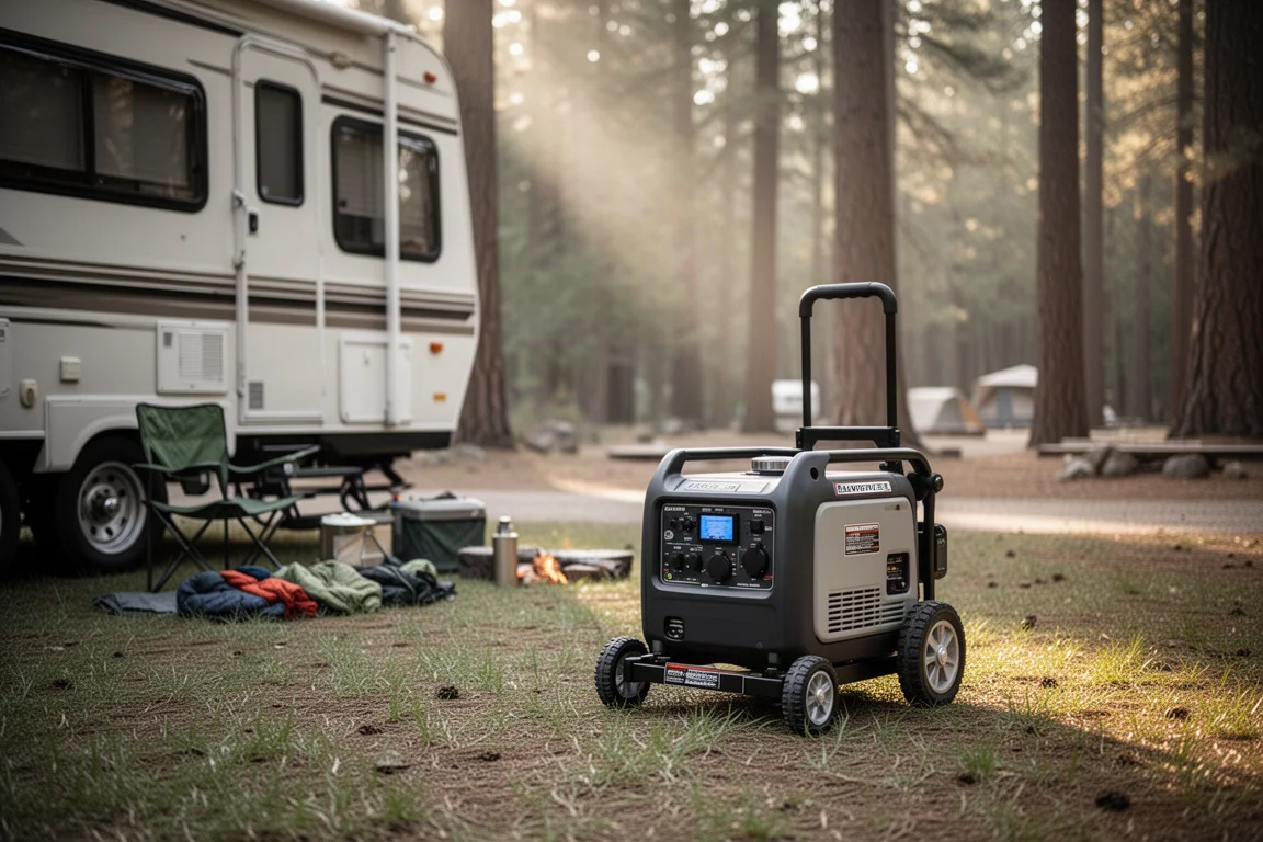 Mid-size inverter generator with wheel kit loaded beside camping gear near an RV