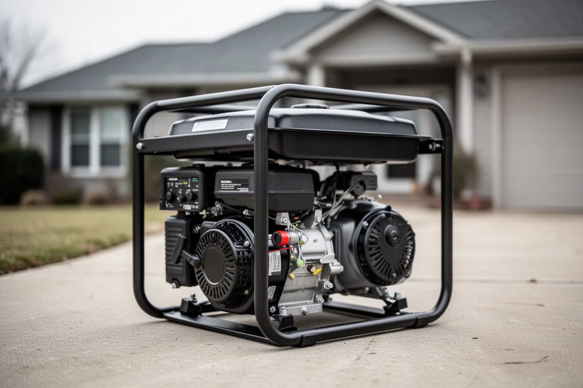 Open-frame portable generator with fuel selector on a concrete driveway