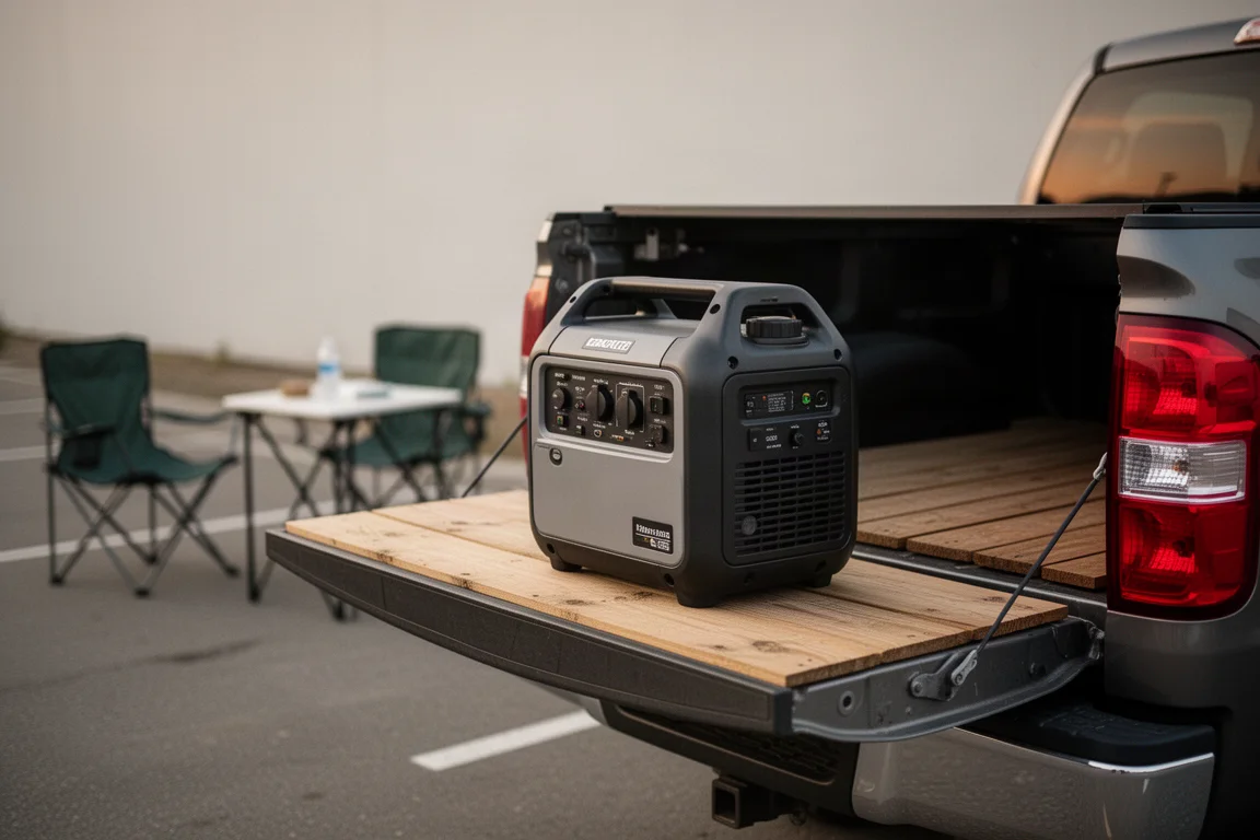Compact portable generator on a tailgate during a tailgating setup