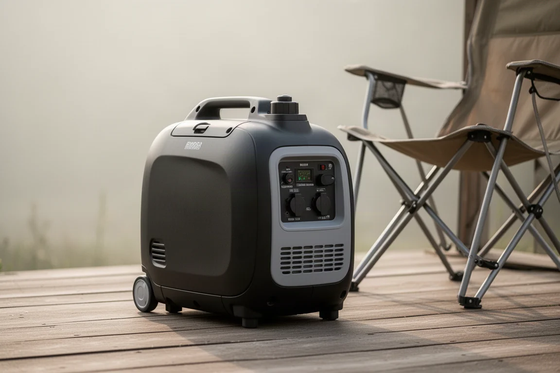 Compact suitcase-style inverter generator on a wooden patio