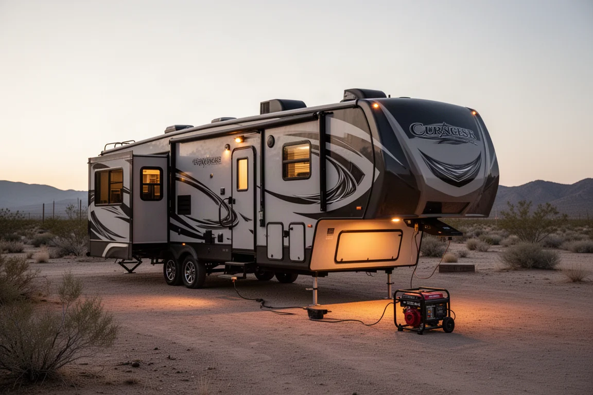 RV parked at a campsite at dusk with a generator running nearby