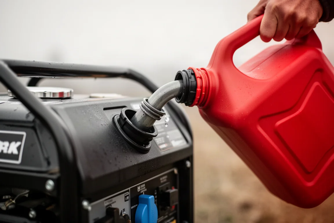 Generator fuel tank being filled from a gas can outdoors