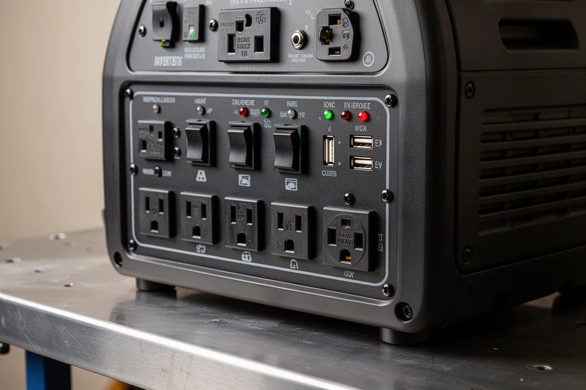 Painel de controle do gerador com tomadas, disjuntores e luzes indicadoras