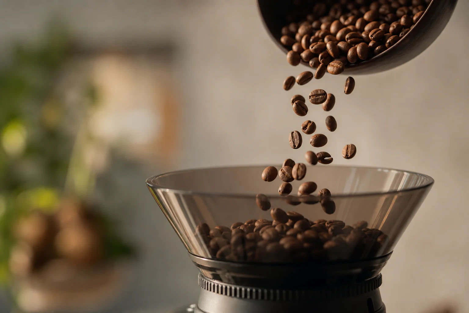 Coffee beans pouring into a burr grinder hopper