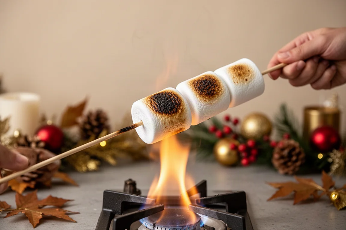 Flavoured marshmallows being toasted over a small open flame on a kitchen counter