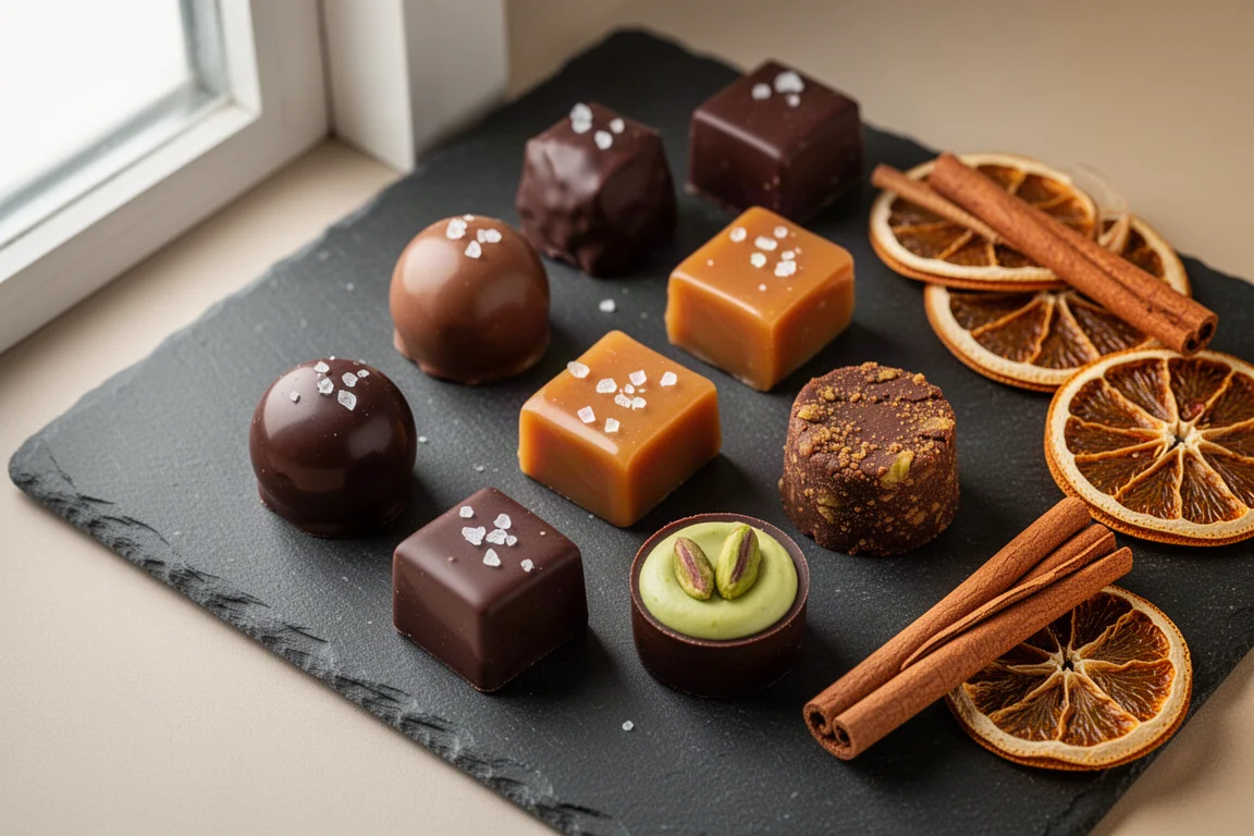 Assorted handcrafted chocolates arranged on a slate surface with festive accents