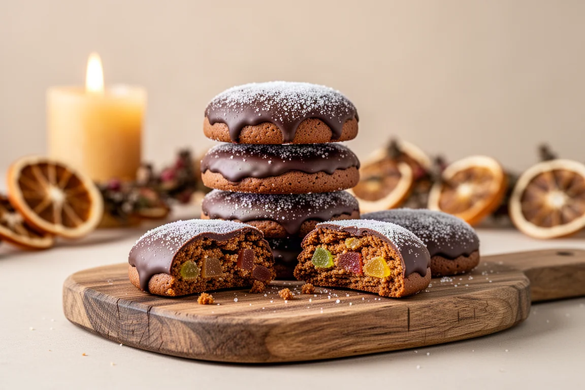 Traditional German spiced biscuits stacked on a wooden board beside a lit candle