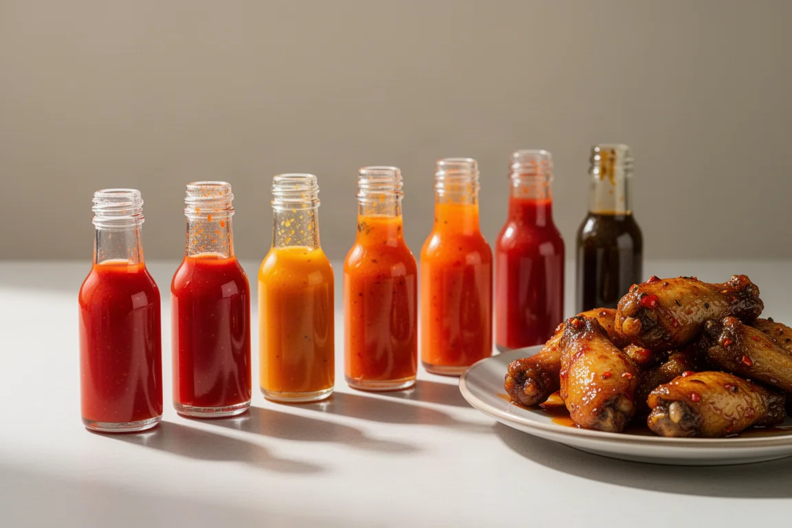 Small vials of hot sauce lined up on a kitchen counter beside cooked chicken wings