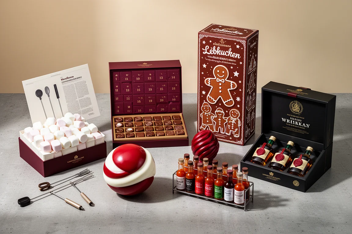 Six premium advent calendars arranged in a festive flat-lay on a concrete surface
