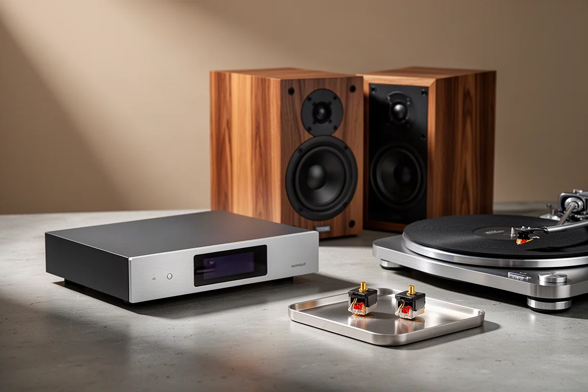 High-end audio components on a concrete surface including a streamer, speakers, turntable, and cartridges