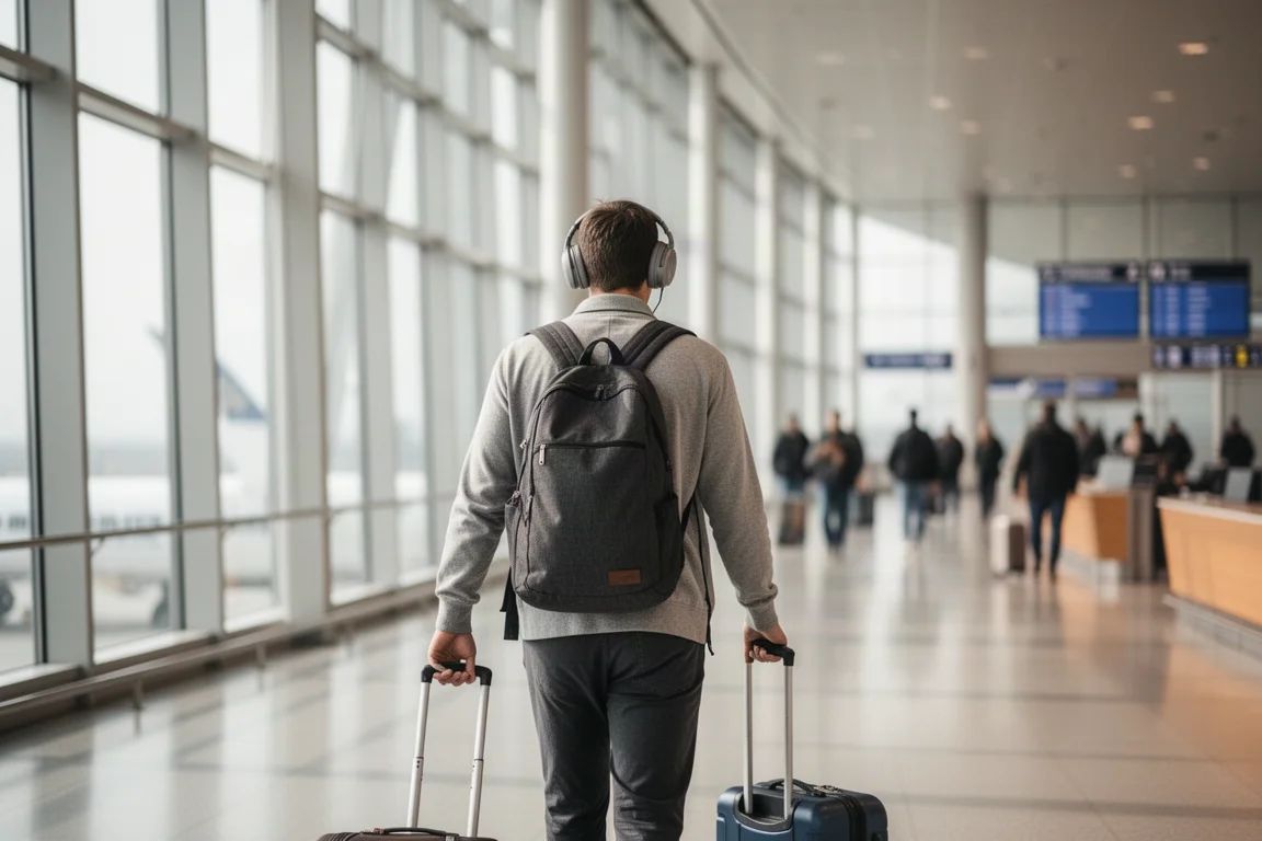 Voyageur vu de dos marchant dans un terminal d'aéroport lumineux, portant un grand casque circum-aural