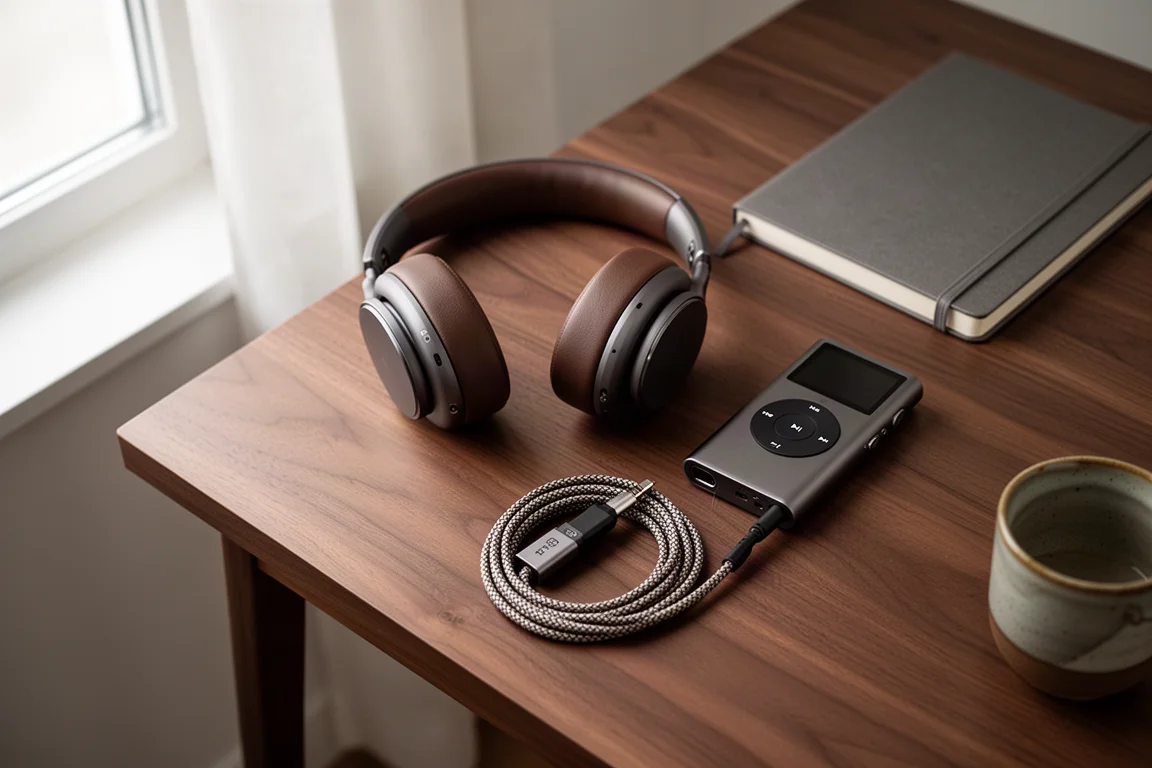 Casque circum-aural posé à côté d'un lecteur audio portable sur un bureau en noyer foncé, dans une lumière douce