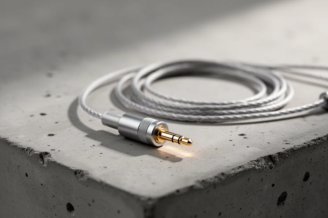 Gros plan d'un connecteur de câble de casque symétrique reposant sur une surface en béton mat