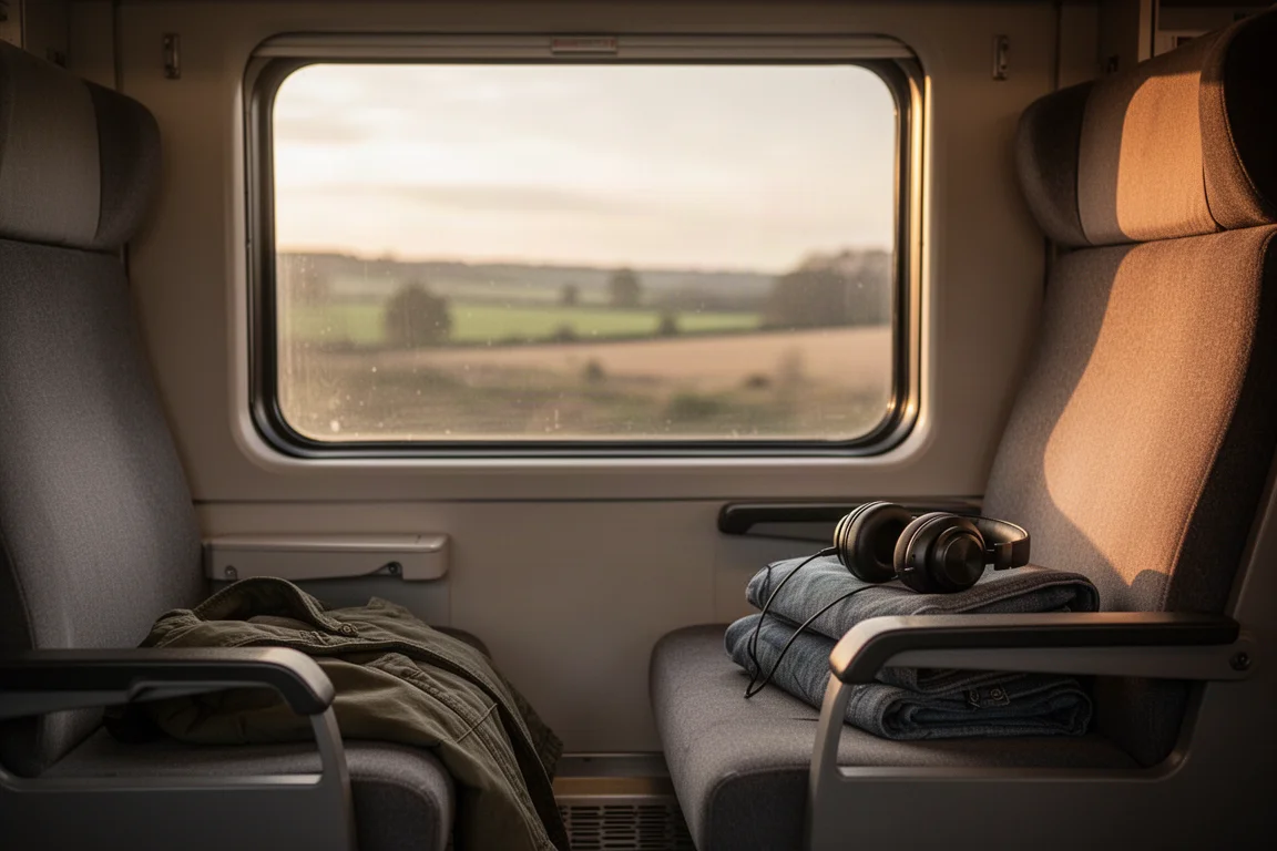 Place vide près de la fenêtre dans un train à l'heure dorée, casque circum-aural posé sur l'accoudoir