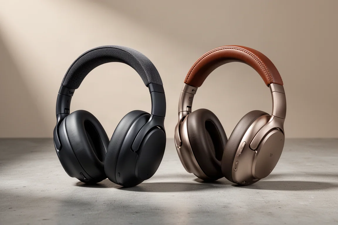 Two premium over-ear headphones with active noise cancellation side by side on concrete