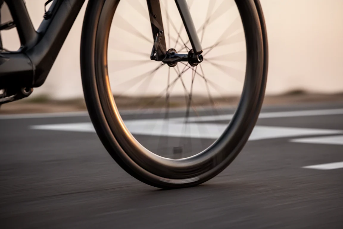 Close-up van een carbon wegfietswiel dat draait op asfalt