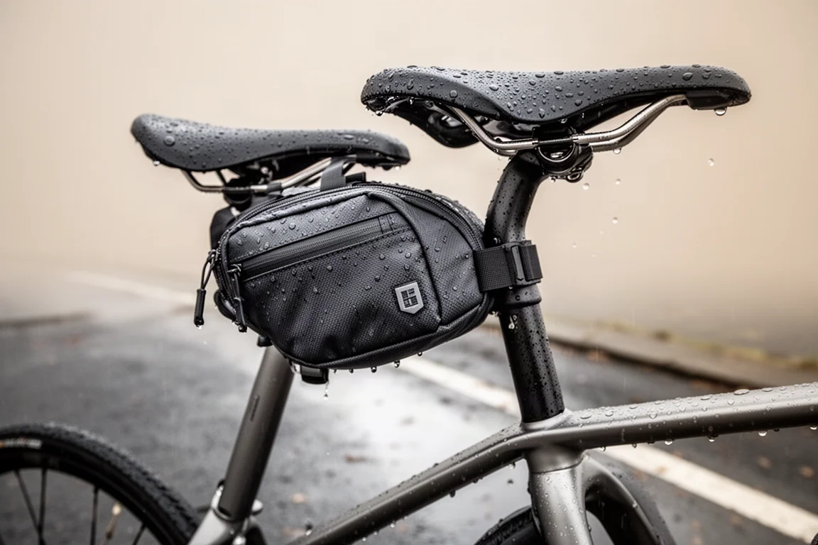 Zadelzakje gemonteerd op de zadelpen van een wegfiets in de regen