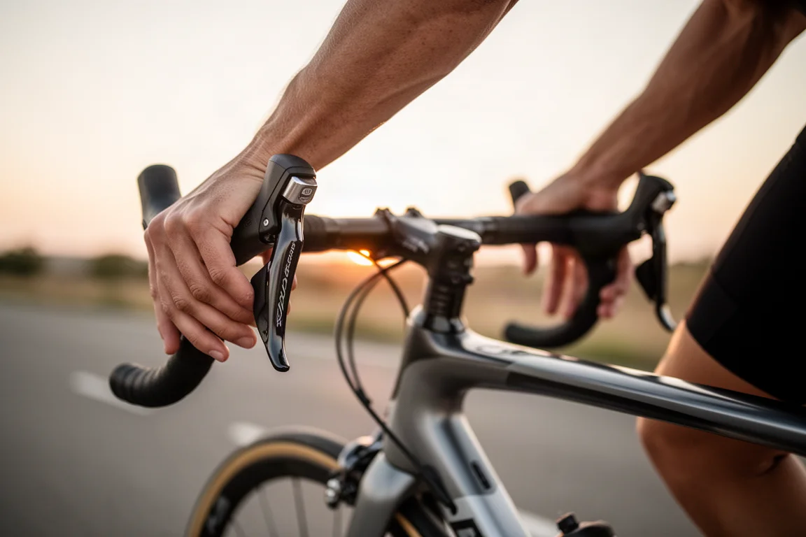 Fietser die schakelt op een wegfiets bij zonsondergang