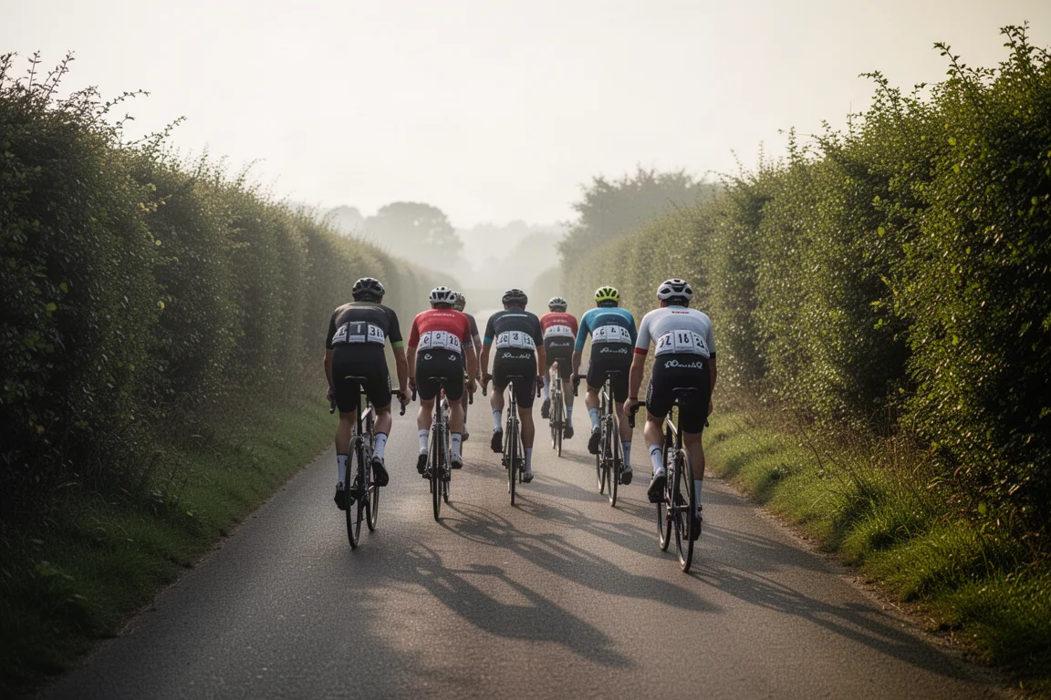 Group of road cyclists riding in a line along a country lane at dawn