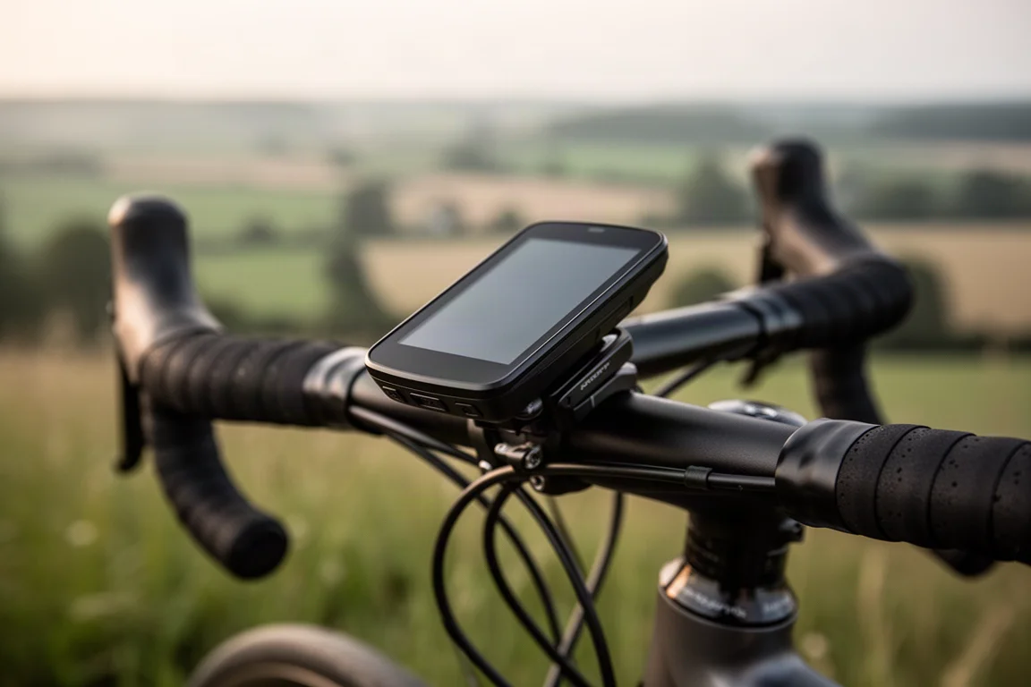 Handlebar-mounted cycling computer on a road bike with blurred countryside behind