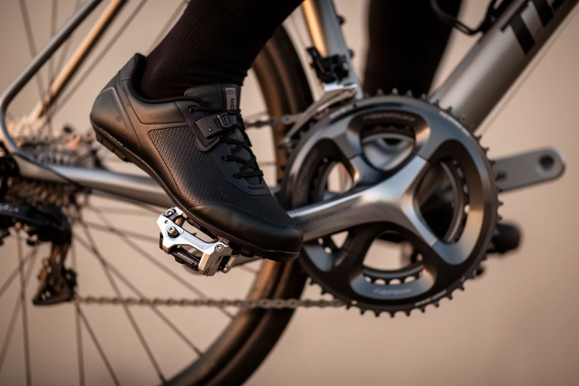 Cyclist foot clipped into a road pedal beside a crankset in evening light