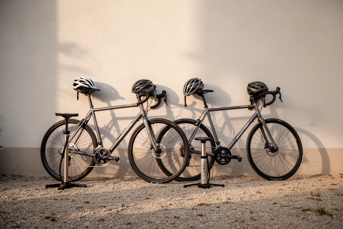 Two road bikes leaning against a sunlit wall with helmets and a floor pump