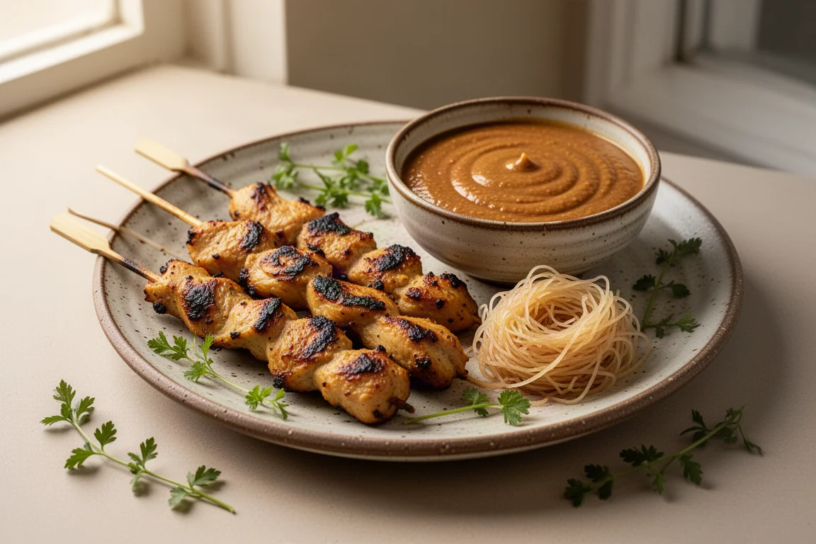 Satay-style chicken skewers with peanut sauce and vermicelli noodles on a rustic plate